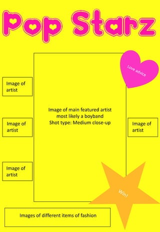 Image of main featured artist 
most likely a boyband 
Shot type: Medium close-up 
Image of 
artist 
Image of 
artist 
Image of 
artist 
Image of 
artist 
Images of different items of fashion 
 