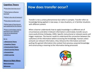 Cognitive Theory
How does learning occur?        How does transfer occur?
What factors influence
learning?

What is the role of memory?

How does transfer occur?
                                 Transfer is not a unitary phenomenon but rather is complex. Transfer refers to
                                 knowledge being applied in new ways, in new situations, or in familiar situations
What types of learning are      with different content.
best explained by this theory?

How is technology used for      When a learner understands how to apply knowledge in a different set of
learning in your industry?       circumstances and when irrelevant information is eliminated, transfer occurs
(I am at an educational
institution.)                    more easily (Ertmer & Newby, 1993). Specific instructional or relevant events will
                                 trigger responses. The learner needs to understand the connection between the
Go to:                           usefulness of the information before accessing the knowledge. Humans select
>>Behaviorist Theory             and pick out relevant information, they rehearse the information and start
                                 putting this gained information into context from previous acquired knowledge
>>Cognitive Theory
                                 and constructing a meaning to the information being processed.
>>Constructivist Theory
>>Social Learning Theory
>>Connectivism
>>Adult Learning


Return to Main Menu
Matrix Summary
References
 
