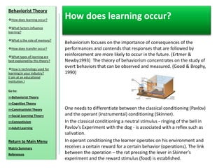Behaviorist Theory
How does learning occur?
                                 How does learning occur?
What factors influence
learning?

What is the role of memory?
                                 Behaviorism focuses on the importance of consequences of the
How does transfer occur?        performances and contends that responses that are followed by
What types of learning are
                                 reinforcement are more likely to occur in the future. (Ertmer &
best explained by this theory?   Newby1993) The theory of behaviorism concentrates on the study of
How is technology used for
                                 overt behaviors that can be observed and measured. (Good & Brophy,
learning in your industry?       1990)
(I am at an educational
institution.)

Go to:
>>Behaviorist Theory
>>Cognitive Theory
>>Constructivist Theory          One needs to differentiate between the classical conditioning (Pavlov)
>>Social Learning Theory         and the operant (instrumental) conditioning (Skinner).
>>Connectivism                   In the classical conditioning a neutral stimulus - ringing of the bell in
>>Adult Learning                 Pavlov’s Experiment with the dog - is associated with a reflex such as
                                 salivation.
Return to Main Menu              In operant conditioning the learner operates on his environment and
Matrix Summary                   receives a certain reward for a certain behavior (operations). The link
References                       between the operation – the rat pressing the lever in Skinner’s
                                 experiment and the reward stimulus (food) is established.
 