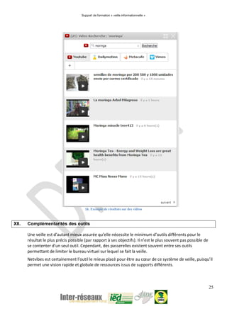 Support de formation « veille informationnelle »
25
16. Exemple de résultats sur des vidéos
XII. Complémentarités des outils
Une veille est d’autant mieux assurée qu’elle nécessite le minimum d’outils différents pour le
résultat le plus précis possible (par rapport à ses objectifs). Il n’est le plus souvent pas possible de
se contenter d’un seul outil. Cependant, des passerelles existent souvent entre ses outils
permettant de limiter le bureau virtuel sur lequel se fait la veille.
Netvibes est certainement l’outil le mieux placé pour être au cœur de ce système de veille, puisqu’il
permet une vision rapide et globale de ressources issus de supports différents.
 