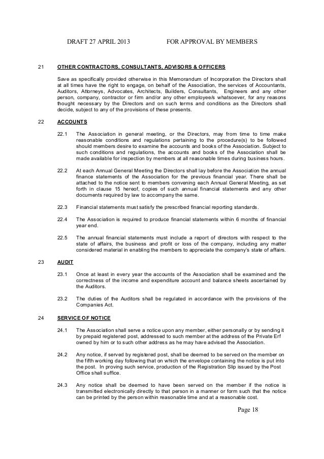 Forest Glade Estate - Draft Memorandum of Incorporation