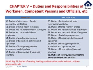 © RTC- RMD-SAIL
CHAPTER V – Duties and Responsibilities of
Workmen, Competent Persons and Officials, etc
4/16/2020 26
MMR 1961 Draft MMR 2019
50. Duties of attendants of main
mechanical ventilators
51. Duties of lamp -room incharges
52. Duties and responsibilities of surveyors
53. Duties and responsibilities of
engineers
54. Duties of winding enginemen
55. Duties of banksmen, bellmen and
signalmen
56. Duties of haulage enginemen,
brakesmen, and signallers
57. Duties of Locomotive drivers and
shunters
55. Duties of attendant of main
mechanical ventilator
56. Duties of lamp-room in-charge
57. Duties and responsibilities of surveyor
58. Duties and responsibilities of engineer
59. Duties of winding enginemen
60. Duties of banksman, bellman and
signalman
61. Duties of haulage engineman,
attendant and signalman, etc.
62. Duties of locomotive driver and
shunters
63. Duties of cutting, loading machine
driver and mechanic or fitter
•Draft Reg 63. Duties of cutting, loading machine driver and mechanic or fitter-
proposed to add
 
