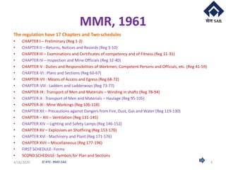© RTC- RMD-SAIL
MMR, 1961
The regulation have 17 Chapters and Two schedules
• CHAPTER I – Preliminary (Reg 1-2)
• CHAPTER II – Returns, Notices and Records (Reg 3-10)
• CHAPTER III – Examinations and Certificates of competency and of Fitness (Reg 11-31)
• CHAPTER IV – Inspection and Mine Officials (Reg 32-40)
• CHAPTER-V : Duties and Responsibilities of Workmen, Competent Persons and Officials, etc. (Reg 41-59)
• CHAPTER-VI : Plans and Sections (Reg 60-67)
• CHAPTER-VII : Means of Access and Egress (Reg 68-72)
• CHAPTER-VIII : Ladders and Ladderways (Reg 73-77)
• CHAPTER-IX : Transport of Men and Materials – Winding in shafts (Reg 78-94)
• CHAPTER-X : Transport of Men and Materials – Haulage (Reg 95-105)
• CHAPTER-XI : Mine Workings (Reg 106-118)
• CHAPTER XII – Precautions against Dangers from Fire, Dust, Gas and Water (Reg 119-130)
• CHAPTER – XIII – Ventilation (Reg 131-145)
• CHAPTER XIV – Lighting and Safety Lamps (Reg 146-152)
• CHAPTER XV – Explosives an Shotfiring (Reg 153-170)
• CHAPTER XVI - Machinery and Plant (Reg 171-176)
• CHAPTER XVII – Miscellaneous (Reg 177-196)
• FIRST SCHEDULE- Forms
• SCOND SCHEDULE- Symbols for Plan and Sections
4/16/2020 3
 