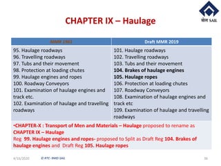 © RTC- RMD-SAIL
CHAPTER IX – Haulage
4/16/2020 36
MMR 1961 Draft MMR 2019
95. Haulage roadways
96. Travelling roadways
97. Tubs and their movement
98. Protection at loading chutes
99. Haulage engines and ropes
100. Roadway Conveyors
101. Examination of haulage engines and
track etc.
102. Examination of haulage and travelling
roadways
101. Haulage roadways
102. Travelling roadways
103. Tubs and their movement
104. Brakes of haulage engines
105. Haulage ropes
106. Protection at loading chutes
107. Roadway Conveyors
108. Examination of haulage engines and
track etc
109. Examination of haulage and travelling
roadways
•CHAPTER-X : Transport of Men and Materials – Haulage proposed to rename as
CHAPTER IX – Haulage
Reg 99. Haulage engines and ropes- proposed to Split as Draft Reg 104. Brakes of
haulage engines and Draft Reg 105. Haulage ropes
 