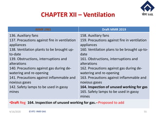 © RTC- RMD-SAIL
CHAPTER XII – Ventilation
4/16/2020 55
MMR 1961 Draft MMR 2019
136. Auxiliary fans
137. Precautions against fire in ventilation
appliances
138. Ventilation plants to be brought up-
to-date
139. Obstructions, interruptions and
alterations
140. Precautions against gas during de-
watering and re-opening
141. Precautions against inflammable and
noxious gases
142. Safety lamps to be used in gassy
mines
158. Auxiliary fans
159. Precautions against fire in ventilation
appliances
160. Ventilation plans to be brought up-to-
date
161. Obstructions, interruptions and
alterations
162. Precautions against gas during de-
watering and re-opening
163. Precautions against inflammable and
noxious gases
164. Inspection of unused working for gas
165. Safety lamps to be used in gassy
mines
•Draft Reg 164. Inspection of unused working for gas.--Proposed to add
 