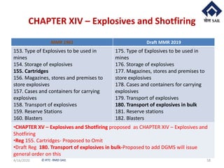 © RTC- RMD-SAIL
CHAPTER XIV – Explosives and Shotfiring
4/16/2020 58
MMR 1961 Draft MMR 2019
153. Type of Explosives to be used in
mines
154. Storage of explosives
155. Cartridges
156. Magazines, stores and premises to
store explosives
157. Cases and containers for carrying
explosives
158. Transport of explosives
159. Reserve Stations
160. Blasters
175. Type of Explosives to be used in
mines
176. Storage of explosives
177. Magazines, stores and premises to
store explosives
178. Cases and containers for carrying
explosives
179. Transport of explosives
180. Transport of explosives in bulk
181. Reserve stations
182. Blasters
•CHAPTER XV – Explosives and Shotfiring proposed as CHAPTER XIV – Explosives and
Shotfiring
•Reg 155. Cartridges- Proposed to Omit
•Draft Reg 180. Transport of explosives in bulk-Proposed to add DGMS will issue
general order on this
 