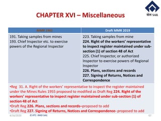 © RTC- RMD-SAIL
CHAPTER XVI – Miscellaneous
4/16/2020 67
MMR 1961 Draft MMR 2019
191. Taking samples from mines
193. Chief Inspector etc. to exercise
powers of the Regional Inspector
223. Taking samples from mine
224. Right of the workers’ representative
to inspect register maintained under sub-
section (1) of section 48 of Act
225. Chief Inspector, or authorized
Inspector to exercise powers of Regional
Inspector
226. Plans, sections and records
227. Signing of Returns, Notices and
Correspondence
•Reg 31. A. Right of the workers’ representative to inspect the register maintained
under the Mines Rules 1955 proposed to modified as Draft Reg 224. Right of the
workers’ representative to inspect register maintained under sub-section (1) of
section 48 of Act
•Draft Reg 226. Plans, sections and records–proposed to add
•Draft Reg 227. Signing of Returns, Notices and Correspondence- proposed to add
 
