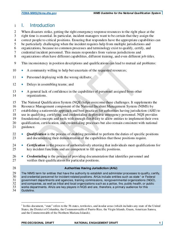 National Incident Management System (Nims) Nqs Draft National Incident Management System (Nims) Nqs Draft