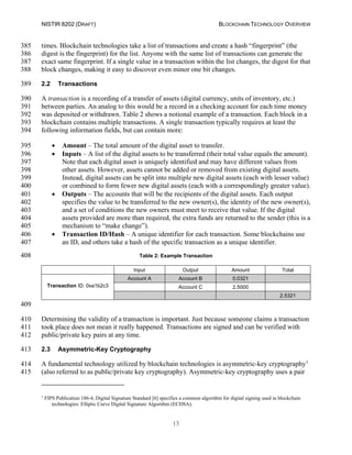 NISTIR 8202 (DRAFT) BLOCKCHAIN TECHNOLOGY OVERVIEW
13
times. Blockchain technologies take a list of transactions and create a hash “fingerprint” (the385
digest is the fingerprint) for the list. Anyone with the same list of transactions can generate the386
exact same fingerprint. If a single value in a transaction within the list changes, the digest for that387
block changes, making it easy to discover even minor one bit changes.388
2.2 Transactions389
A transaction is a recording of a transfer of assets (digital currency, units of inventory, etc.)390
between parties. An analog to this would be a record in a checking account for each time money391
was deposited or withdrawn. Table 2 shows a notional example of a transaction. Each block in a392
blockchain contains multiple transactions. A single transaction typically requires at least the393
following information fields, but can contain more:394
• Amount – The total amount of the digital asset to transfer.395
• Inputs – A list of the digital assets to be transferred (their total value equals the amount).396
Note that each digital asset is uniquely identified and may have different values from397
other assets. However, assets cannot be added or removed from existing digital assets.398
Instead, digital assets can be split into multiple new digital assets (each with lesser value)399
or combined to form fewer new digital assets (each with a correspondingly greater value).400
• Outputs – The accounts that will be the recipients of the digital assets. Each output401
specifies the value to be transferred to the new owner(s), the identity of the new owner(s),402
and a set of conditions the new owners must meet to receive that value. If the digital403
assets provided are more than required, the extra funds are returned to the sender (this is a404
mechanism to “make change”).405
• Transaction ID/Hash – A unique identifier for each transaction. Some blockchains use406
an ID, and others take a hash of the specific transaction as a unique identifier.407
Table 2: Example Transaction408
Input Output Amount Total
Transaction ID: 0xa1b2c3
Account A Account B 0.0321
Account C 2.5000
2.5321
409
Determining the validity of a transaction is important. Just because someone claims a transaction410
took place does not mean it really happened. Transactions are signed and can be verified with411
public/private key pairs at any time.412
2.3 Asymmetric-Key Cryptography413
A fundamental technology utilized by blockchain technologies is asymmetric-key cryptography1
414
(also referred to as public/private key cryptography). Asymmetric-key cryptography uses a pair415
1
FIPS Publication 186-4, Digital Signature Standard [6] specifies a common algorithm for digital signing used in blockchain
technologies: Elliptic Curve Digital Signature Algorithm (ECDSA).
 