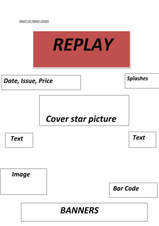 DRAFT OF FRONT COVER<br />    REPLAY<br /> TextSplashesDate, Issue, Price      Image       Cover star picture                 BANNERS Bar Code  Text<br />