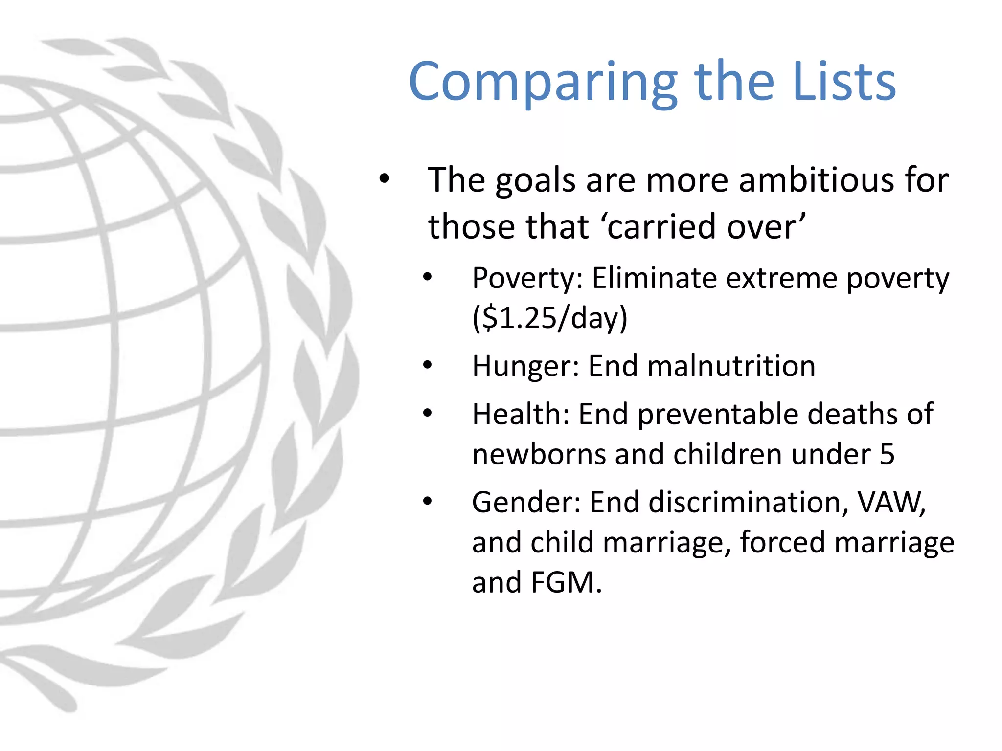 • The goals are more ambitious for
those that ‘carried over’
• Poverty: Eliminate extreme poverty
($1.25/day)
• Hunger: End malnutrition
• Health: End preventable deaths of
newborns and children under 5
• Gender: End discrimination, VAW,
and child marriage, forced marriage
and FGM.
Comparing the Lists
 