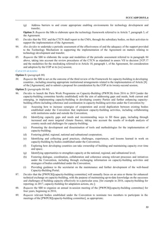 FCCC/ADP/2015/L.6
33
(g) Address barriers to and create appropriate enabling environments for technology development and
transfer;
Option 3: Requests the SBs to elaborate upon the technology framework referred to in Article 7, paragraph 3, of
the Agreement.
83. Decides that the TEC and the CTCN shall report to the CMA, through the subsidiary bodies, on their activities to
support the implementation of the Agreement;
84. Also decides to undertake a periodic assessment of the effectiveness of and the adequacy of the support provided
to the Technology Mechanism in supporting the implementation of the Agreement on matters relating to
technology development and transfer;
85. Requests the SBI to elaborate the scope and modalities of the periodic assessment referred to in paragraph 84
above, taking into account the review procedures of the CTCN as stipulated in annex VII to decision 2/CP.17
and the modalities for the stocktaking referred to in Article 10, paragraph 1, of the Agreement, for consideration
and adoption by the COP at its [xx] session;
CAPACITY-BUILDING
Option 1: (paragraph 86)
86. Requests the SBI to act on the outcome of the third review of the Framework for capacity-building in developing
countries , including ensuring appropriate institutional arrangements related to the implementation of Article [8]
of the [Agreement], and to submit a proposal for consideration by the COP at its twenty-second session;
Option 2: (paragraphs 86-94)
86. Decides to launch the Paris Work Programme on Capacity-Building (PWPCB) from 2016 to 2019 [under the
capacity-building committee hereby established] with the aim of addressing gaps and needs, both current and
emerging, in implementing capacity-building in developing country Parties and further enhancing capacity-
building efforts including coherence and coordination in capacity-building activities under the Convention by:
(a) Assessing how to increase synergies of cooperation and avoid duplication between existing bodies
established under the Convention that implement capacity-building activities, including collaborating
with institutions under and outside the Convention;
(b) Identifying capacity gaps and needs and recommending ways to fill these gaps, including through
increased and more targeted climate finance, taking into account the results of in-depth analysis of
country needs and challenges for capacity-building;
(c) Promoting the development and dissemination of tools and methodologies for the implementation of
capacity-building;
(d) Fostering global, regional, national and subnational cooperation;
(e) Identifying and collecting good practices, challenges, experiences, and lessons learned in work on
capacity-building by bodies established under the Convention;
(f) Exploring how developing countries can take ownership of building and maintaining capacity over time
and space;
(g) Identifying opportunities to strengthen capacity at the national, regional, and subnational level;
(h) Fostering dialogue, coordination, collaboration and coherence among relevant processes and initiatives
under the Convention, including through exchanging information on capacity-building activities and
strategies of bodies established under the Convention;
(i) Providing guidance to the secretariat on the maintenance and further development of the web-based
Capacity-Building Portal;
87. Decides that the [PWPCB][capacity-building committee] will annually focus on an area or theme for enhanced
technical exchange on capacity-building, with the purpose of maintaining up-to-date knowledge on the successes
and challenges of building capacity effectively in a particular area; [for example in 2016, capacity-building for
reporting; in 2017, capacity-building for adaptation actions, etc.];
88. Requests the SBI to organize an annual in-session meeting of the [PWPCB][capacity-building committee] for
four years, beginning in 2016;
89. Requests relevant bodies established under the Convention to nominate two members to participate in the
meetings of the [PWPCB][capacity-building committee], as appropriate;
 