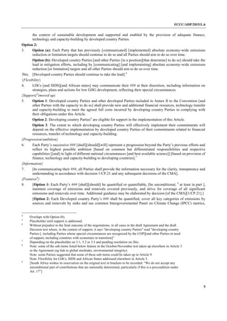 FCCC/ADP/2015/L.6
5
the context of sustainable development and supported and enabled by the provision of adequate finance,
technology and capacity-building by developed country Parties.
Option 2:
3. Option (a): Each Party that has previously [communicated] [implemented] absolute economy-wide emissions
reduction or limitation targets should continue to do so and all Parties should aim to do so over time.
Option (b): Developed country Parties [and other Parties [in a position][that determine] to do so] should take the
lead in mitigation efforts, including by [communicating] [and implementing] absolute economy-wide emissions
reduction [or limitation] targets and all other Parties should aim to do so over time.
3bis. [Developed country Parties should continue to take the lead].4
{Flexibility}
4. LDCs [and SIDS][and African states] may communicate their ### at their discretion, including information on
strategies, plans and actions for low GHG development, reflecting their special circumstances.
{Support}5
(moved up)
5. Option 1: Developed country Parties and other developed Parties included in Annex II to the Convention [and
other Parties with the capacity to do so] shall provide new and additional financial resources, technology transfer
and capacity-building to meet the agreed full costs incurred by developing country Parties in complying with
their obligations under this Article.
Option 2: Developing country Parties6
are eligible for support in the implementation of this Article.
Option 3: The extent to which developing country Parties will effectively implement their commitments will
depend on the effective implementation by developed country Parties of their commitments related to financial
resources, transfer of technology and capacity-building.
{Progression/ambition}
6. Each Party’s successive ### [shall][should][will] represent a progression beyond the Party’s previous efforts and
reflect its highest possible ambition [based on common but differentiated responsibilities and respective
capabilities [[and] in light of different national circumstances [and best available science]] [based on provision of
finance, technology and capacity-building to developing countries].7
{Information}
7. [In communicating their ###, all Parties shall provide the information necessary for the clarity, transparency and
understanding in accordance with decision 1/CP.21 and any subsequent decisions of the CMA].
{Features8
}
8. [Option 1: Each Party’s ### [shall][should] be quantified or quantifiable, [be unconditional, 9
at least in part ],
maintain coverage of emissions and removals covered previously, and strive for coverage of all significant
emissions and removals over time. Additional guidance may be elaborated by decision [of the CMA][1/CP.21].]
[Option 2: Each Developed country Party’s ### shall be quantified, cover all key categories of emissions by
sources and removals by sinks and use common Intergovernmental Panel on Climate Change (IPCC) metrics,
4
Overlaps with Option (b).
5
Placeholder until support is addressed.
6
Without prejudice to the final outcome of the negotiations, in all cases in the draft Agreement and the draft
Decision text where, in the context of support, it says "developing country Parties" read "developing country
Parties [, including Parties whose special circumstances are recognized by the COP][and other Parties in need
of support, including countries with economies in transition]”
7
Depending on the placeholder on 3.1, 3.2 or 3.3 and pending resolution on 2bis.
8
Note: some of the sub-items listed below feature in the October/November text taken up elsewhere in Article 3
or the Agreement (eg link to global stocktake, environmental integrity).
Note: some Parties suggested that some of these sub-items could be taken up in Article 9.
Note: Flexibility for LDCs, SIDS and African States addressed elsewhere in Article 3.
9
[South Africa wishes its reservation on the original text in brackets to be recorded: “We do not accept any
unconditional part of contributions that are nationally determined, particularly if this is a precondition under
Art. 17”]
 
