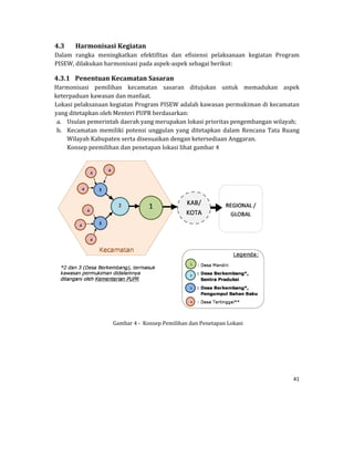 41 
 
4.3 Harmonisasi	Kegiatan	
Dalam	 rangka	 meningkatkan	 efektifitas	 dan	 efisiensi	 pelaksanaan	 kegiatan	 Program	
PISEW,	dilakukan	harmonisasi	pada	aspek‐aspek	sebagai	berikut:	
4.3.1 Penentuan	Kecamatan	Sasaran	
Harmonisasi	 pemilihan	 kecamatan	 sasaran	 ditujukan	 untuk	 memadukan	 aspek	
keterpaduan	kawasan	dan	manfaat.	
Lokasi	pelaksanaan	kegiatan	Program	PISEW	adalah	kawasan	permukiman	di	kecamatan	
yang	ditetapkan	oleh	Menteri	PUPR	berdasarkan:	
a. Usulan	pemerintah	daerah	yang	merupakan	lokasi	prioritas	pengembangan	wilayah;	
b. Kecamatan	 memiliki	potensi	unggulan	yang	ditetapkan	dalam	Rencana	 Tata	Ruang	
Wilayah	Kabupaten	serta	disesuaikan	dengan	ketersediaan	Anggaran.	
Konsep	peemilihan	dan	penetapan	lokasi	lihat	gambar	4	
	
	
Gambar	4	‐		Konsep	Pemilihan	dan	Penetapan	Lokasi	
	
	
	
	
 