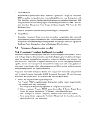 67 
 
c. Tingkat	Provinsi	
Konsultan	Manajemen	Teknis	(KMT)	menerima	laporan	dari	Tenaga	Ahli	Kabupaten.	
KMT	 mengolah,	 menganalisis,	dan	 menindaklanjuti	 laporan	 yang	 disampaikan	 oleh	
TAK	dan	Chief	Inspector.	Berdasarkan	hasil	pengamatan	pada	lokasi	kegiatan,	KMT	
menyusun	laporan	konsolidasi	yang	disampaikan	kepada	Satker/PPK	PKP	2	Provinsi	
dan	 Konsultan	 Manajemen	 Pusat,	 dengan	 tembusan	 kepada	 PPK	 Pusat	 dan	 Tim	
Pelaksana	Pusat.	
Laporan	Bulanan	disampaikan	paling	lambat	tanggal	12	setiap	bulan.	
d. Tingkat	Pusat	
Konsultan	 Manajemen	 Pusat	 menerima,	 mengolah,	 menganalisis,	 dan	 menindak	
lanjuti	laporan	yang	disampaikan	oleh	KMT.	Selanjutnya	Konsultan	Manajemen	Pusat	
menyusun	dan	memberikan	laporan	kepada	PPK	Pusat	dengan	tembusan	kepada	Tim	
Pelaksana	Pusat,	disampaikan	paling	lambat	tanggal	19	setiap	bulan.	
7.5 Penanganan	Pengaduan	dan	masalah	
7.5.1 Penanganan	Pengaduan	dan	Masalah	Masyarakat	
Kesempurnaan	pelaksanaan	program	tidak	bisa	selalu	diharapkan.	Persoalan	bisa	muncul	
pada	berbagai	tingkat	pelaksanaan	di	masyarakat,	kabupaten,	provinsi,	bahkan	di	tingkat	
pusat.	Hal	ini	dapat	mengakibatkan	munculnya	pertanyaan,	keluhan,	atau	tuntutan	yang	
lebih	serius	dari	masyarakat.	Banyaknya	keluhan	bukan	berarti	kinerja	program	buruk,	
tapi	 bisa	 berarti	 bahwa	 masyarakat	 menjadi	 lebih	 berdaya	 dan	 lebih	 sadar,	 peduli	 dan	
secara	aktif	berpartisipasi	dalam	pelaksanaan	program.	Hal	terpenting	adalah	pengaduan	
ditangani	dengan	benar	dan	segera	diselesaikan.	
Pengaduan	 masyarakat	 merupakan	 bentuk	 dari	 pengawasan	 masyarakat	 yang	 diwakili	
oleh	 Lembaga	 Swadaya	 Masyarakat	 (LSM),	 Organisasi	 Masyarakat	 (Ormas),	 Lembaga	
Keagamaan,	Perguruan	Tinggi,	Warga	Masyarakat,	dan	atau	Media	Massa.	
a. Dimana	dan	Bagaimana	Menangani	Pengaduan		
Pada	Program	PISEW,	pengaduan	dapat	disampaikan	melalui	(sesuai	dengan	fasilitas	
yang	sudah	tersedia	pada	tiap	tingkat):	
1. Unit	Pengaduan	Masyarakat	yang	berada	di	kabupaten	atau	provinsi;		
2. Kotak	 pengaduan	 Program	 PISEW	 yang	 ditempatkan	 di	 Kantor	 Kepala	 Desa,	
Kantor	Kecamatan,	Kantor	Dinas	PU/Bappeda	Provinsi	dan	Kabupaten;	
3. SMS	Center	(Pusat,	Provinsi,	Kabupaten),	website,	alamat	e‐mail,	atau	PO	Box;		
4. Surat	 yang	 dikirim	 langsung	 ke	 Fasilitator	 Masyarakat,	 ke	 Konsultan,	 atau	 ke	
pemerintah	terkait	yang	berwenang.	
 