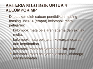 KRITERIA NILAI BAIK UNTUK 4
KELOMPOK MP
•   Ditetapkan oleh satuan pendidikan masing-
    masing untuk 4 (empat) kelompok mata
    pelajaran:
     • kelompok mata pelajaran agama dan akhlak
       mulia,
     • kelompok mata pelajaran kewarganegaraan
       dan kepribadian,
     • kelompok mata pelajaran estetika, dan
     • kelompok mata pelajaran jasmani, olahraga,
       dan kesehatan.
 