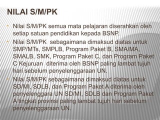 NILAI S/M/PK
• Nilai S/M/PK semua mata pelajaran diserahkan oleh
  setiap satuan pendidikan kepada BSNP.
• Nilai S/M/PK sebagaimana dimaksud diatas untuk
  SMP/MTs, SMPLB, Program Paket B, SMA/MA,
  SMALB, SMK, Program Paket C, dan Program Paket
  C Kejuruan diterima oleh BSNP paling lambat tujuh
  hari sebelum penyelenggaraan UN.
• Nilai S/M/PK sebagaimana dimaksud diatas untuk
  SD/MI, SDLB, dan Program Paket A diterima oleh
  penyelenggara UN SD/MI, SDLB dan Program Paket
  A tingkat provinsi paling lambat tujuh hari sebelum
  penyelenggaraan UN.
 