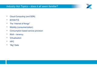 Industry Hot Topics – does it all seem familiar?


    •   Cloud Computing (and SDN)
    •   BYOD/T/S
    •   The “internet of things”
    •   Mobility (consumerization)
    •   Consumption based service provision
    •   Multi – tenancy
    •   Virtualisation
    •   HPC
    •   “Big” Data




2
 