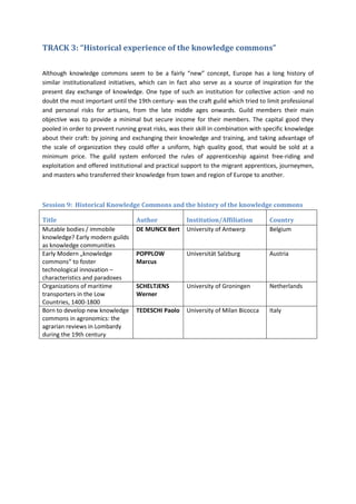 TRACK 3: “Historical experience of the knowledge commons”

Although knowledge commons seem to be a fairly “new” concept, Europe has a long history of
similar institutionalized initiatives, which can in fact also serve as a source of inspiration for the
present day exchange of knowledge. One type of such an institution for collective action -and no
doubt the most important until the 19th century- was the craft guild which tried to limit professional
and personal risks for artisans, from the late middle ages onwards. Guild members their main
objective was to provide a minimal but secure income for their members. The capital good they
pooled in order to prevent running great risks, was their skill in combination with specific knowledge
about their craft: by joining and exchanging their knowledge and training, and taking advantage of
the scale of organization they could offer a uniform, high quality good, that would be sold at a
minimum price. The guild system enforced the rules of apprenticeship against free-riding and
exploitation and offered institutional and practical support to the migrant apprentices, journeymen,
and masters who transferred their knowledge from town and region of Europe to another.



Session 9: Historical Knowledge Commons and the history of the knowledge commons

Title                              Author             Institution/Affiliation        Country
Mutable bodies / immobile          DE MUNCK Bert      University of Antwerp          Belgium
knowledge? Early modern guilds
as knowledge communities
Early Modern „knowledge            POPPLOW            Universität Salzburg           Austria
commons“ to foster                 Marcus
technological innovation –
characteristics and paradoxes
Organizations of maritime          SCHELTJENS         University of Groningen        Netherlands
transporters in the Low            Werner
Countries, 1400-1800
Born to develop new knowledge      TEDESCHI Paolo     University of Milan Bicocca    Italy
commons in agronomics: the
agrarian reviews in Lombardy
during the 19th century
 