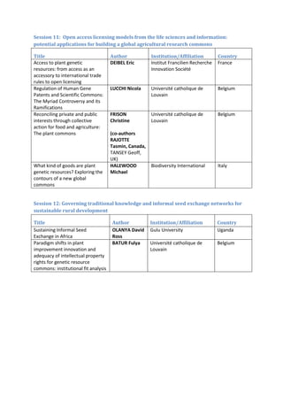 Session 11: Open access licensing models from the life sciences and information:
potential applications for building a global agricultural research commons

Title                                 Author            Institution/Affiliation         Country
Access to plant genetic               DEIBEL Eric       Institut Francilien Recherche   France
resources: from access as an                            Innovation Société
accessory to international trade
rules to open licensing
Regulation of Human Gene              LUCCHI Nicola     Université catholique de        Belgium
Patents and Scientific Commons:                         Louvain
The Myriad Controversy and its
Ramifications
Reconciling private and public        FRISON            Université catholique de        Belgium
interests through collective          Christine         Louvain
action for food and agriculture:
The plant commons                     (co-authors
                                      RAJOTTE
                                      Tasmin, Canada,
                                      TANSEY Geoff,
                                      UK)
What kind of goods are plant          HALEWOOD          Biodiversity International      Italy
genetic resources? Exploring the      Michael
contours of a new global
commons


Session 12: Governing traditional knowledge and informal seed exchange networks for
sustainable rural development

Title                                 Author            Institution/Affiliation         Country
Sustaining Informal Seed              OLANYA David      Gulu University                 Uganda
Exchange in Africa                    Ross
Paradigm shifts in plant              BATUR Fulya       Université catholique de        Belgium
improvement innovation and                              Louvain
adequacy of intellectual property
rights for genetic resource
commons: institutional fit analysis
 