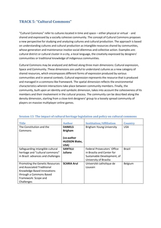 TRACK 5: “Cultural Commons”

“Cultural Commons” refer to cultures located in time and space – either physical or virtual - and
shared and expressed by a socially cohesive community. The concept of Cultural Commons proposes
a new perspective for studying and analyzing cultures and cultural production. The approach is based
on understanding cultures and cultural production as intangible resources shared by communities,
whose generation and maintenance involve social dilemmas and collective action. Examples are:
cultural district or cultural cluster in a city, a local language, the creativity expressed by designers’
communities or traditional knowledge of indigenous communities.

Cultural Commons may be analyzed and defined along three main dimensions: Cultural expression,
Space and Community. These dimensions are useful to understand cultures as a new category of
shared resources, which encompasses different forms of expression produced by various
communities and in several contexts. Cultural expression represents the resource that is produced
and managed in a commons-like framework. The spatial dimension reflects the environmental
characteristics wherein interactions take place between community members. Finally, the
community, built upon an identity and symbolic dimension, takes into account the cohesiveness of its
members and their involvement in the cultural process. The community can be described along the
density dimension, starting from a close-knit designers’ group to a loosely spread community of
players on massive multiplayer online games.



Session 13: The impact of cultural heritage legislation and policy on cultural commons

Title                                Author              Institution/Affiliation         Country
The Constitution and the             DANIELS             Brigham Young University        USA
Commons                              Brigham

                                     (co-author
                                     HUDSON Blake,
                                     USA)
Safeguarding intangible cultural     SANTILLI            Federal Prosecutors´ Office     Brazil
heritage and “cultural commons”      Juliana             in Brasilia and Center for
in Brazil: advances and challenges                       Sustainable Development, of
                                                         University of Brasilia
Promoting the Genetic Resources      SCARIA Arul         Université catholique de        Belgium
and Associated Traditional                               Louvain
Knowledge Based Innovations
through a Commons Based
Framework: Scope and
Challenges
 
