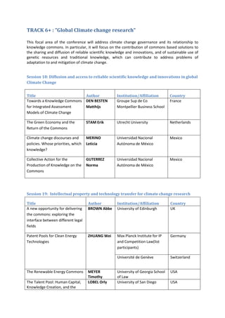 TRACK 6+ : ”Global Climate change research”

This focal area of the conference will address climate change governance and its relationship to
knowledge commons. In particular, it will focus on the contribution of commons based solutions to
the sharing and diffusion of reliable scientific knowledge and innovations, and of sustainable use of
genetic resources and traditional knowledge, which can contribute to address problems of
adaptation to and mitigation of climate change.


Session 18: Diffusion and access to reliable scientific knowledge and innovations in global
Climate Change


Title                               Author           Institution/Affiliation        Country
Towards a Knowledge Commons         DEN BESTEN       Groupe Sup de Co               France
for Integrated Assessment           Matthijs         Montpellier Business School
Models of Climate Change

The Green Economy and the           STAM Erik        Utrecht University             Netherlands
Return of the Commons

Climate change discourses and       MERINO           Universidad Nacional           Mexico
policies. Whose priorities, which   Leticia          Autónoma de México
knowledge?

Collective Action for the           GUTERREZ         Universidad Nacional           Mexico
Production of Knowledge on the      Norma            Autónoma de México
Commons




Session 19: Intellectual property and technology transfer for climate change research

Title                               Author           Institution/Affiliation        Country
A new opportunity for delivering    BROWN Abbe       University of Edinburgh        UK
the commons: exploring the
interface between different legal
fields

Patent Pools for Clean Energy       ZHUANG Wei       Max Planck Institute for IP    Germany
Technologies                                         and Competition Law(list
                                                     participants)

                                                     Université de Genève           Switzerland


The Renewable Energy Commons        MEYER            University of Georgia School   USA
                                    Timothy          of Law
The Talent Pool: Human Capital,     LOBEL Orly       University of San Diego        USA
Knowledge Creation, and the
 