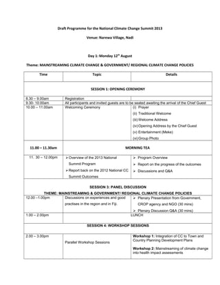 Draft Programme for the National Climate Change Summit 2013
Venue: Narewa Village, Nadi
Day 1: Monday 12th
August
Theme: MAINSTREAMING CLIMATE CHANGE & GOVERNMENT/ REGIONAL CLIMATE CHANGE POLICIES
Time Topic Details
SESSION 1: OPENING CEREMONY
8.30 – 9.00am Registration
9.30- 10.00am All participants and invited guests are to be seated awaiting the arrival of the Chief Guest
10.00 – 11.00am Welcoming Ceremony (i) Prayer
(ii) Traditional Welcome
(iii) Welcome Address
(iv)Opening Address by the Chief Guest
(v) Entertainment (Meke)
(vi)Group Photo
11.00 – 11.30am MORNING TEA
11. 30 – 12.00pm Overview of the 2013 National
Summit Program
Report back on the 2012 National CC
Summit Outcomes
 Program Overview
 Report on the progress of the outcomes
 Discussions and Q&A
SESSION 3: PANEL DISCUSSION
THEME: MAINSTREAMING & GOVERNMENT/ REGIONAL CLIMATE CHANGE POLICIES
12.00 –1.00pm Discussions on experiences and good
practises in the region and in Fiji.
 Plenary Presentation from Government,
CROP agency and NGO (30 mins)
 Plenary Discussion Q&A (30 mins)
1.00 – 2.00pm LUNCH
SESSION 4: WORKSHOP SESSIONS
2.00 – 3.00pm
Parallel Workshop Sessions
Workshop 1: Integration of CC to Town and
Country Planning Development Plans
Workshop 2: Mainstreaming of climate change
into health impact assessments
 