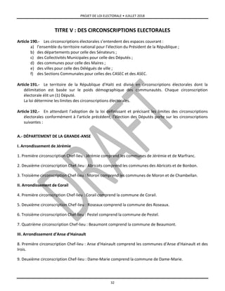 PROJET DE LOI ELECTORALE • JUILLET 2018
32
TITRE V : DES CIRCONSCRIPTIONS ELECTORALES
Article 190.- Les circonscriptions électorales s’entendent des espaces couvrant :
a) l’ensemble du territoire national pour l’élection du Président de la République ;
b) des départements pour celle des Sénateurs ;
c) des Collectivités Municipales pour celle des Députés ;
d) des communes pour celle des Maires ;
e) des villes pour celle des Délégués de ville ;
f) des Sections Communales pour celles des CASEC et des ASEC.
Article 191.- Le territoire de la République d’Haïti est divisé en circonscriptions électorales dont la
délimitation est basée sur le poids démographique des communautés. Chaque circonscription
électorale élit un (1) Député.
La loi détermine les limites des circonscriptions électorales.
Article 192.- En attendant l’adoption de la loi définissant et précisant les limites des circonscriptions
électorales conformément à l’article précédent, l’élection des Députés porte sur les circonscriptions
suivantes :
A.- DÉPARTEMENT DE LA GRANDE-ANSE
I. Arrondissement de Jérémie
1. Première circonscription Chef-lieu : Jérémie comprend les communes de Jérémie et de Marfranc.
2. Deuxième circonscription Chef-lieu : Abricots comprend les communes des Abricots et de Bonbon.
3. Troisième circonscription Chef-lieu : Moron comprend les communes de Moron et de Chambellan.
II. Arrondissement de Corail
4. Première circonscription Chef-lieu : Corail comprend la commune de Corail.
5. Deuxième circonscription Chef-lieu : Roseaux comprend la commune des Roseaux.
6. Troisième circonscription Chef-lieu : Pestel comprend la commune de Pestel.
7. Quatrième circonscription Chef-lieu : Beaumont comprend la commune de Beaumont.
III. Arrondissement d’Anse d’Hainault
8. Première circonscription Chef-lieu : Anse d’Hainault comprend les communes d’Anse d’Hainault et des
Irois.
9. Deuxième circonscription Chef-lieu : Dame-Marie comprend la commune de Dame-Marie.
 
