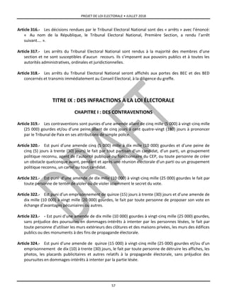 PROJET DE LOI ELECTORALE • JUILLET 2018
57
Article 316.- Les décisions rendues par le Tribunal Electoral National sont des « arrêts » avec l’énoncé:
« Au nom de la République, le Tribunal Electoral National, Première Section, a rendu l’arrêt
suivant…. ».
Article 317.- Les arrêts du Tribunal Electoral National sont rendus à la majorité des membres d’une
section et ne sont susceptibles d’aucun recours. Ils s’imposent aux pouvoirs publics et à toutes les
autorités administratives, ordinales et juridictionnelles.
Article 318.- Les arrêts du Tribunal Electoral National seront affichés aux portes des BEC et des BED
concernés et transmis immédiatement au Conseil Electoral, à la diligence du greffe.
TITRE IX : DES INFRACTIONS A LA LOI ÉLECTORALE
CHAPITRE I : DES CONTRAVENTIONS
Article 319.- Les contraventions sont punies d’une amende allant de cinq mille (5 000) à vingt-cinq mille
(25 000) gourdes et/ou d’une peine allant de cinq jours à cent quatre-vingt (180) jours à prononcer
par le Tribunal de Paix en ses attributions de simple police.
Article 320.- Est puni d’une amende cinq (5 000) mille à dix mille (10 000) gourdes et d’une peine de
cinq (5) jours à trente (30) jours) le fait par tout partisan d’un candidat, d’un parti, un groupement
politique reconnu, agent de l’autorité publique ou fonctionnaire du CEP, ou toute personne de créer
un obstacle quelconque avant, pendant et après une réunion électorale d’un parti ou un groupement
politique reconnu, un cartel ou tout candidat.
Article 321.- Est puni d’une amende de dix mille (10 000) à vingt-cinq mille (25 000) gourdes le fait par
toute personne de tenter de violer ou de violer sciemment le secret du vote.
Article 322.- Est puni d’un emprisonnement de quinze (15) jours à trente (30) jours et d’une amende de
dix mille (10 000) à vingt mille (20 000) gourdes, le fait par toute personne de proposer son vote en
échange d’avantages pécuniaires ou autres.
Article 323.- - Est puni d’une amende de dix mille (10 000) gourdes à vingt-cinq mille (25 000) gourdes,
sans préjudice des poursuites en dommages-intérêts à intenter par les personnes lésées, le fait par
toute personne d’utiliser les murs extérieurs des clôtures et des maisons privées, les murs des édifices
publics ou des monuments à des fins de propagande électorale.
Article 324.- Est puni d’une amende de quinze (15 000) à vingt-cinq mille (25 000) gourdes et/ou d’un
emprisonnement de dix (10) à trente (30) jours, le fait par toute personne de détruire les affiches, les
photos, les placards publicitaires et autres relatifs à la propagande électorale, sans préjudice des
poursuites en dommages-intérêts à intenter par la partie lésée.
 