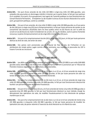 PROJET DE LOI ELECTORALE • JUILLET 2018
58
Article 325.- Est puni d’une amende de dix mille (10 000) à vingt-cinq mille (25 000) gourdes, sans
préjudice des poursuites en dommages-intérêts à intenter par la partie lésée, le fait par tout partisan
d’un candidat, d’un parti, d’un groupement, tout agent de l’autorité publique ou tout fonctionnaire du
Conseil Électoral Permanent, d’empêcher ou de troubler la tenue d’une réunion électorale d’un autre
parti, groupement politique, cartel ou candidat.
Article 326.- Est puni d’une amende, de cinq mille (5 000) à vingt mille (20 000) gourdes ou d’une peine
de dix (10) jours à vingt-cinq (25) jours d’emprisonnement, le fait par toute personne de vendre ou de
consommer des boissons alcoolisées dans les lieux publics entre six (6) heures du soir la veille du
scrutin et six (6) heures du matin le lendemain du scrutin. En cas de récidive, outre la peine d’amende
encourue, la peine d’emprisonnement est de vingt (20) à trente-cinq (35) jours.
Article 327.- Est puni d’un emprisonnement de dix (10) à vingt-cinq (25) jours, le fait par toute personne
déchue du droit de vote, de tenter de voter.
Article 328.- Ces peines sont prononcées par le Tribunal de Paix du lieu de l’infraction en ses
attributions de simple police, jugée comme affaire sommaire, aux requêtes et poursuites du CEP à
travers l’une de ses structures.
CHAPITRE II : DES DÉLITS
Article 329.- Les délits sont punis d’une amende allant de vingt-cinq mille (25 000) à cent mille (100 000)
gourdes et/ou allant de six (6) mois à trois (3) ans d’emprisonnement à prononcer par le Tribunal de
Première Instance siégeant en ses attributions correctionnelles.
Article 330.- Est puni d’un emprisonnement de six (6) mois à un (1) an, et d’une amende de vingt-cinq
mille (25 000) gourdes à trente-cinq mille (35 000) gourdes, le fait par toute personne de voter ou
tenter de voter plus d’une fois dans une assemblée électorale.
Article 331.- Est puni d’un emprisonnement de six (6) mois à un (1) an, et d’une amende de vingt-cinq
mille (25 000) gourdes à trente-cinq mille (35 000) gourdes, le fait par tout fonctionnaire électoral de
faciliter une personne à voter de manière frauduleuse.
Article 332.- Est puni d’un (1) an à deux (2) ans, et d’une amende de trente-cinq mille (35 000) gourdes à
quarante-cinq (45 000) gourdes le fait par tout fonctionnaire électoral ou tout individu chargé du
déroulement des opérations de vote, de modifier frauduleusement la liste électorale de quelque
manière que ce soit.
Article 333.- Est puni d’un emprisonnement de six (6) mois à un (1) an et d’une amende de trente-cinq
(35 000) gourdes à cinquante mille (50 000 ) gourdes, le fait par toute personne de troubler les
opérations de vote, de porter atteinte à l’exercice du droit électoral ou à la liberté du vote.
 