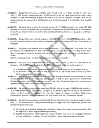 PROJET DE LOI ELECTORALE • JUILLET 2018
59
Article 334.- Est puni d’un emprisonnement de six (6) mois à un (1) an, et d’une amende de, trente-cinq
mille (35 000) gourdes à cinquante mille (50 000) gourdes le fait par toute personne d’organiser ou de
participer à une manifestation publique en faveur d’un ou de plusieurs candidats, d’un ou de
plusieurs partis, ou groupements politiques le jour du scrutin jusqu’à la proclamation des résultats
définitifs.
Article 335.- Est puni d’une amende de soixante-quinze mille (75 000) gourdes à cent mille (100 000)
gourdes, le fait par toute personne de publier des pronostics électoraux concernant le déroulement
du scrutin ou de se livrer à la publication de pronostics électoraux réalisés par qui que ce soit le jour
du scrutin.
Article 336.- Est puni d’une amende de cinquante mille (50 000) à cent mille (100 000) gourdes, et d’un
emprisonnement de six mois à un an tout outrage fait à un fonctionnaire du CEP dans l’exercice de ses
fonctions.
Article 337.- Est puni d’une amende de soixante-quinze mille (75 000) gourdes à cent mille (100 000)
gourdes et d’un emprisonnement de 1 an à trois (3) ans, le fait par toute personne de pénétrer ou de
faire irruption dans un centre de vote avec une arme à feu, des armes tranchantes, contondantes et
autres.
Si l’arme ou la substance a été dissimulée, l’amende encourue est triplée.
Article 338.- Est puni d’un emprisonnement de six (6) mois à trois (3) ans et d’une amende de
cinquante mille (50 000) gourdes à cent mille (100 000) gourdes, le fait par toute personne :
a) d’empêcher ou de troubler le fonctionnement d’un centre de vote ou d’un Bureau de Vote,
b) de troubler l’ordre par voies de fait ou violences ou par toute autre manœuvre portant
atteinte au processus électoral.
Article 339.- Est puni d’un emprisonnement de six (6) mois à trois (3) ans et d’une amende de soixante-
quinze mille (75 000) à cent mille (100 000) gourdes, le fait par toute personne de marchander,
d’influencer ou de tenter d’influencer par menace, ruse, abus de pouvoir et par tous autres moyens
répréhensibles le vote d’un ou de plusieurs électeurs.
Article 340.- Est puni d’une amende de vingt-cinq (25 000) mille à cinquante (50 000) mille gourdes et
d’un emprisonnement, de six (6) mois à un (1) an le fait par toute personne d’induire un électeur en
erreur ou de le porter à s’abstenir de voter par l’usage de fausses nouvelles, d’expressions
calomnieuses ou toutes autres manœuvres, soit directement, soit par l’entremise d’un tiers.
Article 341.- Est puni d’un emprisonnement d’un (1) à trois (3) ans et d’une amende de soixante-quinze
mille (75 000) à cent mille (100 000) gourdes le fait par tout agent de l’autorité publique, y compris les
fonctionnaires électoraux de :
a) Se livrer à une activité de propagande électorale en faveur d’un ou de plusieurs candidats, d’un
ou de plusieurs partis ou groupements politiques ;
b) Faciliter l’utilisation de matériel, bien ou véhicule de l’État pour servir à la campagne électorale
d’un ou de plusieurs candidats, d’un ou de plusieurs partis ou groupements politiques.
 