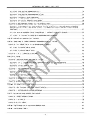 PROJET DE LOI ELECTORALE • JUILLET 2018
64
SECTION B : DES ASSEMBLEES MUNICIPALES .......................................................................................................24
SECTION C : DES ASSEMBLEES DEPARTEMENTALES .............................................................................................24
SECTION D : DU CONSEIL DEPARTEMENTAL.........................................................................................................24
SECTION E : DU CONSEIL INTERDEPARTEMENTAL................................................................................................25
CHAPITRE III : DE LA CANDIDATURE A UNE FONCTION ELECTIVE.............................................................................25
SECTION A. DES PARTIS OU DES GROUPEMENTS POLITIQUES RECONNUS HABILITÉS À PRESENTER DES
CANDIDATS............................................................................................................................................................25
SECTION B. DE LA DECLARATION DE CANDIDATURE ET DU DEPOT DES PIECES REQUISES.................................27
SECTION C. DE LA PUBLICATION DE LA LISTE DES CANDIDATS AGREES .............................................................31
TITRE V : DES CIRCONSCRIPTIONS ELECTORALES..........................................................................................................32
TITRE VI : DU REGIME DE FINANCEMENT ET DE LA CAMPAGNE ELECTORALE.............................................................40
CHAPITRE I : DU FINANCEMENT DE LA CAMPAGNE ELECTORALE............................................................................40
SECTION A. DU FINANCEMENT PUBLIC.................................................................................................................40
SECTION B. DU FINANCEMENT PRIVE...................................................................................................................41
CHAPITRE II : DE LA CAMPAGNE ELECTORALE..........................................................................................................42
TITRE VII : DU VOTE.......................................................................................................................................................45
CHAPITRE I : DES FORMALITES PREALABLES AU VOTE .............................................................................................45
SECTION A : DE LA MISE EN PLACE ET DU FONCTIONNEMENT DES CENTRES DE VOTE.......................................45
SECTION B : DU BULLETIN DE VOTE ......................................................................................................................45
CHAPITRE II : DES OPERATIONS DE VOTE..................................................................................................................46
SECTION A : LA TENUE DU VOTE...........................................................................................................................46
SECTION B : DU DEPOUILLEMENT.........................................................................................................................48
CHAPITRE III : DE L’OBSERVATION DES ÉLECTIONS...................................................................................................50
CHAPITRE IV : DE LA PUBLICATION DES RESULTATS.................................................................................................51
TITRE VIII : DU CONTENTIEUX ELECTORAL....................................................................................................................51
CHAPITRE I : DU TRIBUNAL ELECTORAL DEPARTEMENTAL.......................................................................................52
CHAPITRE II : DU TRIBUNAL ELECTORAL NATIONAL .................................................................................................55
TITRE IX : DES INFRACTIONS A LA LOI ÉLECTORALE......................................................................................................57
CHAPITRE I : DES CONTRAVENTIONS........................................................................................................................57
CHAPITRE II : DES DÉLITS...........................................................................................................................................58
CHAPITRE III : DES CRIMES........................................................................................................................................60
TITRE X : DISPOSITIONS PARTICULIERES ET TRANSITOIRES ..........................................................................................62
TITRE XI. DISPOSITIONS FINALES...................................................................................................................................62
 