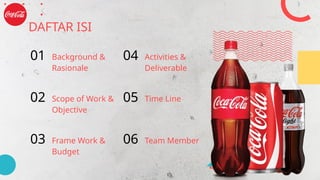 DAFTAR ISI
Background &
Rasionale
Activities &
Deliverable
Time Line
Scope of Work &
Objective
Frame Work &
Budget
Team Member
01
02
03
04
05
06
 