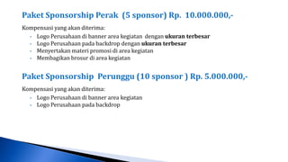 Paket Sponsorship Perak (5 sponsor) Rp. 10.000.000,-
Kompensasi yang akan diterima:
  • Logo Perusahaan di banner area kegiatan dengan ukuran terbesar
  • Logo Perusahaan pada backdrop dengan ukuran terbesar
  • Menyertakan materi promosi di area kegiatan
  • Membagikan brosur di area kegiatan



Paket Sponsorship Perunggu (10 sponsor ) Rp. 5.000.000,-
Kompensasi yang akan diterima:
  • Logo Perusahaan di banner area kegiatan
  • Logo Perusahaan pada backdrop
 