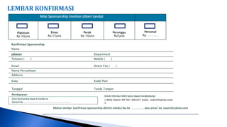 LEMBAR KONFIRMASI
                    Nilai Sponsorship (mohon diberi tanda)



    Platinum                Emas                  Perak                        Perunggu                Personal
    Rp 50juta             Rp 25juta             Rp 10juta                       Rp5juta               Rp………….


 Konfirmasi Sponsorship
 Nama
 Jabatan                                                    Department
 Telepon (      )                                           Mobile (       )

 Email                                                      Direct Fax (        )
 Nama Perusahaan
 Address

 Kota                                                       Kode Post

 Tanggal                                                    Tanda Tangan
 Pembayaran
                                                                   Untuk informasi lebih lanjut dapat menghubungi :
 Dana Sponsorship dapat di transfer ke                             1.Nelly Oswini (HP 0811893037 email; oswini@yahoo.com)
 Account No. ………………………………………………………..                               2.

                             Mohon lembar konfirmasi sponsorship dikirim melalui fax ke ………………atau emai l ke oswini@yahoo.com
 