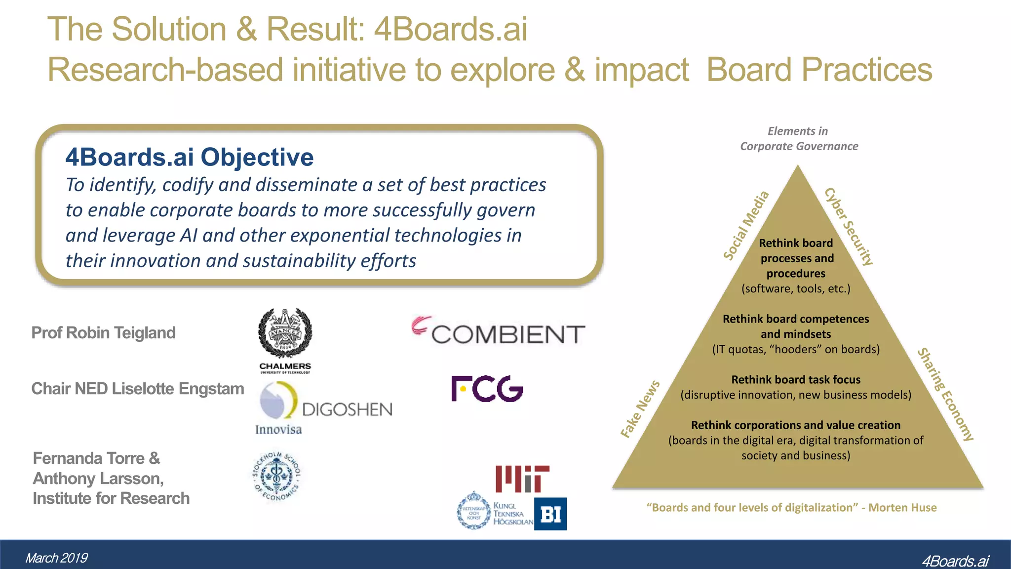 Rethink board
processes and
procedures
(software, tools, etc.)
Rethink board competences
and mindsets
(IT quotas, “hooders” on boards)
Rethink board task focus
(disruptive innovation, new business models)
Rethink corporations and value creation
(boards in the digital era, digital transformation of
society and business)
“Boards and four levels of digitalization” - Morten Huse
Elements in
Corporate Governance
The Solution & Result: 4Boards.ai
Research-based initiative to explore & impact Board Practices
4Boards.ai Objective
To identify, codify and disseminate a set of best practices
to enable corporate boards to more successfully govern
and leverage AI and other exponential technologies in
their innovation and sustainability efforts
Prof Robin Teigland
Chair NED Liselotte Engstam
Fernanda Torre &
Anthony Larsson,
Institute for Research
March 2019 4Boards.ai
 