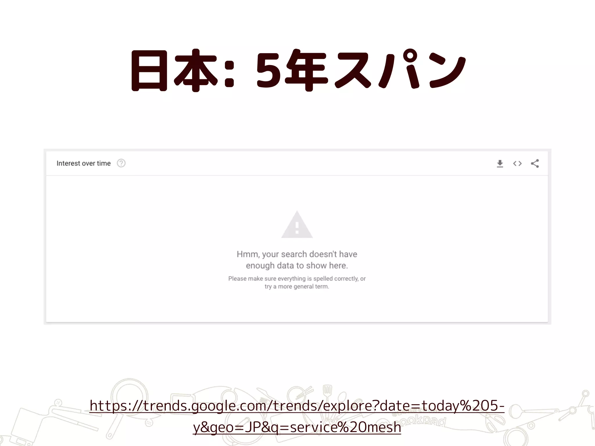 日本: 5年スパン
https://trends.google.com/trends/explore?date=today%205-
y&geo=JP&q=service%20mesh
 