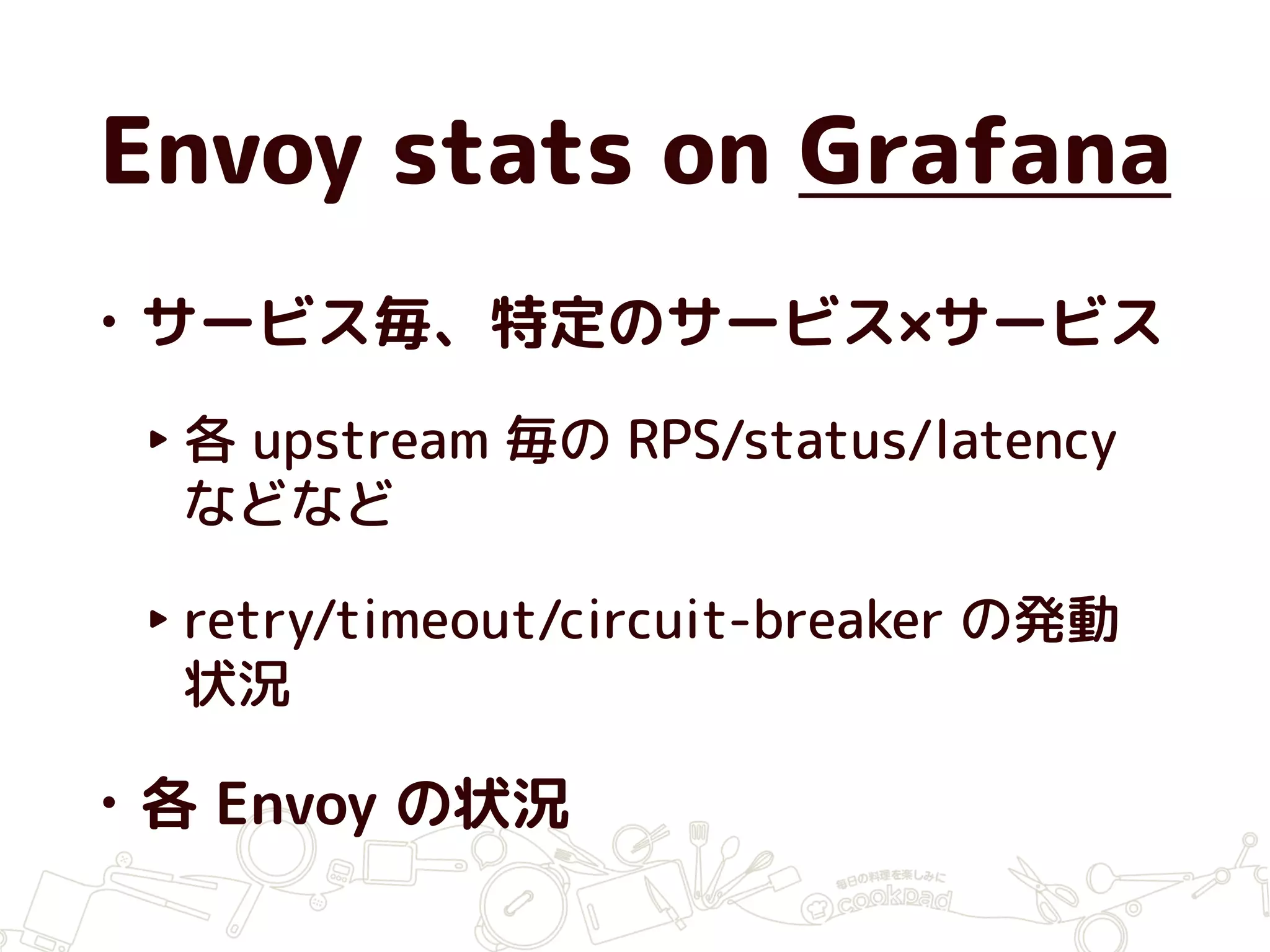 Envoy stats on Grafana
• サービス毎、特定のサービス×サービス
‣ 各 upstream 毎の RPS/status/latency
などなど
‣ retry/timeout/circuit-breaker の発動
状況
• 各 Envoy の状況
 