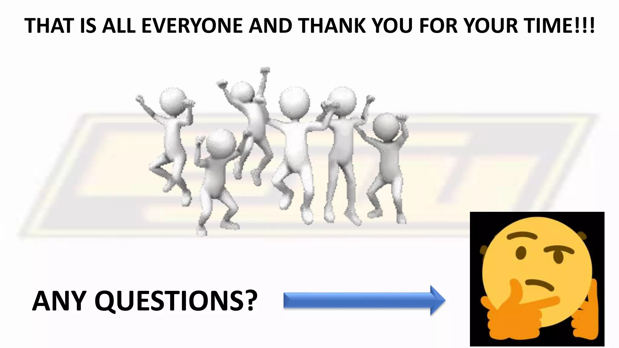 THAT IS ALL EVERYONE AND THANK YOU FOR YOUR TIME!!!
ANY QUESTIONS?
 