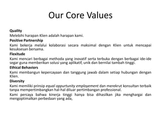 Our Core Values
Quality
Melebihi harapan Klien adalah harapan kami.
Positive Partnership
Kami bekerja melalui kolaborasi secara maksimal dengan Klien untuk mencapai
kesuksesan bersama.
Flexitude
Kami mencari berbagai methoda yang inovatif serta terbuka dengan berbagai ide-ide
segar guna memberikan solusi yang aplikatif, unik dan bernilai tambah tinggi.
Ethical Behaviors
Kami membangun kepercayaan dan tanggung jawab dalam setiap hubungan dengan
Klien.
Diversity
Kami memiliki prinsip equal oppurtunity employement dan merekrut konsultan terbaik
tanpa mempertimbangkan hal-hal diluar pertimbangan professional.
Kami percaya bahwa kinerja tinggi hanya bisa dihasilkan jika menghargai dan
mengoptimalkan perbedaan yang ada,
 