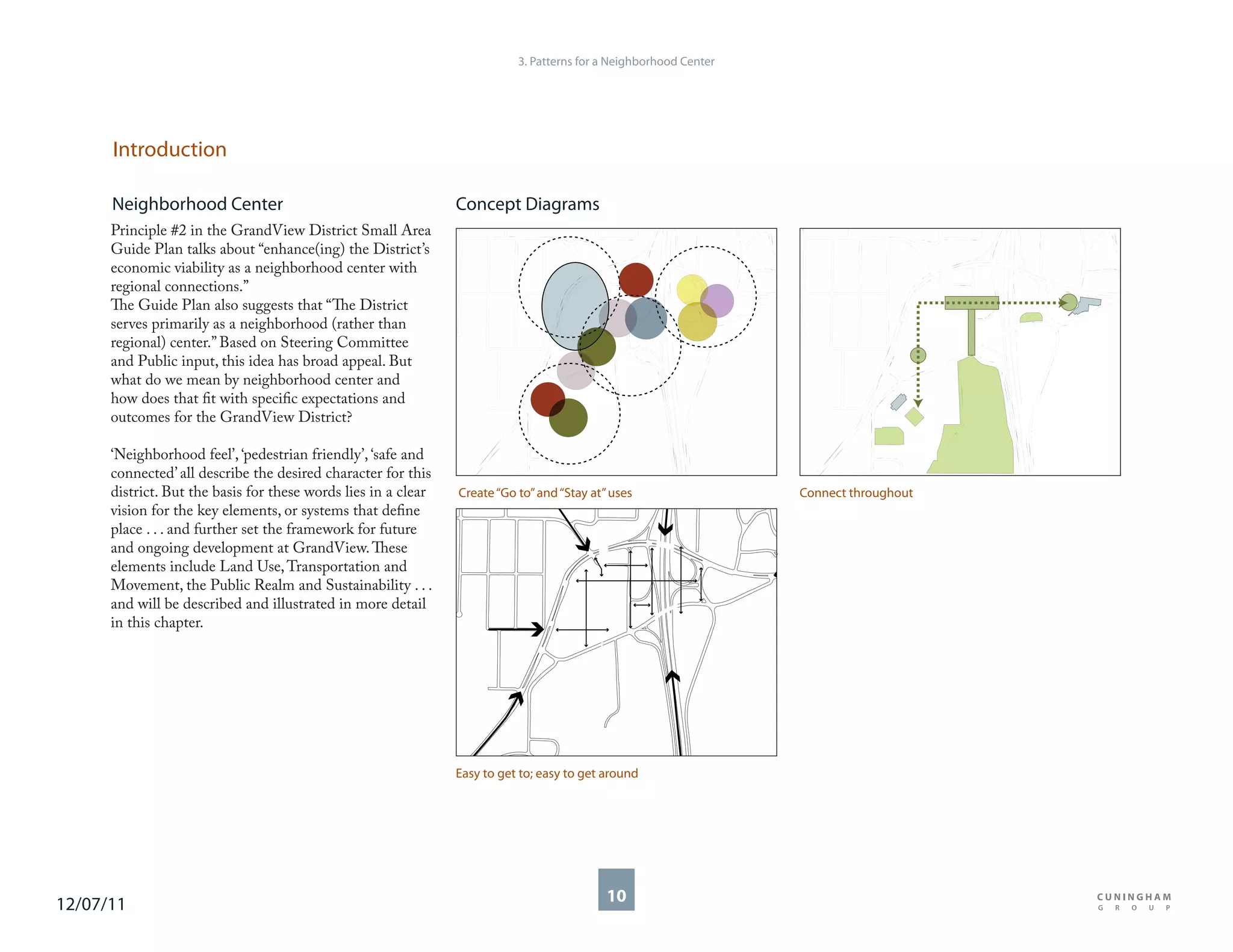 3. Patterns for a Neighborhood Center




      Introduction

      Neighborhood Center                                       Concept Diagrams
      Principle #2 in the GrandView District Small Area
      Guide Plan talks about “enhance(ing) the District’s
      economic viability as a neighborhood center with
      regional connections.”
      The Guide Plan also suggests that “The District
      serves primarily as a neighborhood (rather than
      regional) center.” Based on Steering Committee
      and Public input, this idea has broad appeal. But
      what do we mean by neighborhood center and
      how does that fit with specific expectations and
      outcomes for the GrandView District?

      ‘Neighborhood feel’, ‘pedestrian friendly’, ‘safe and
      connected’ all describe the desired character for this
      district. But the basis for these words lies in a clear   Create “Go to” and “Stay at” uses                  Connect throughout
      vision for the key elements, or systems that define
      place . . . and further set the framework for future
      and ongoing development at GrandView. These
      elements include Land Use, Transportation and
      Movement, the Public Realm and Sustainability . . .
      and will be described and illustrated in more detail
      in this chapter.




                                                                Easy to get to; easy to get around




12/07/11                                                                                    10
 