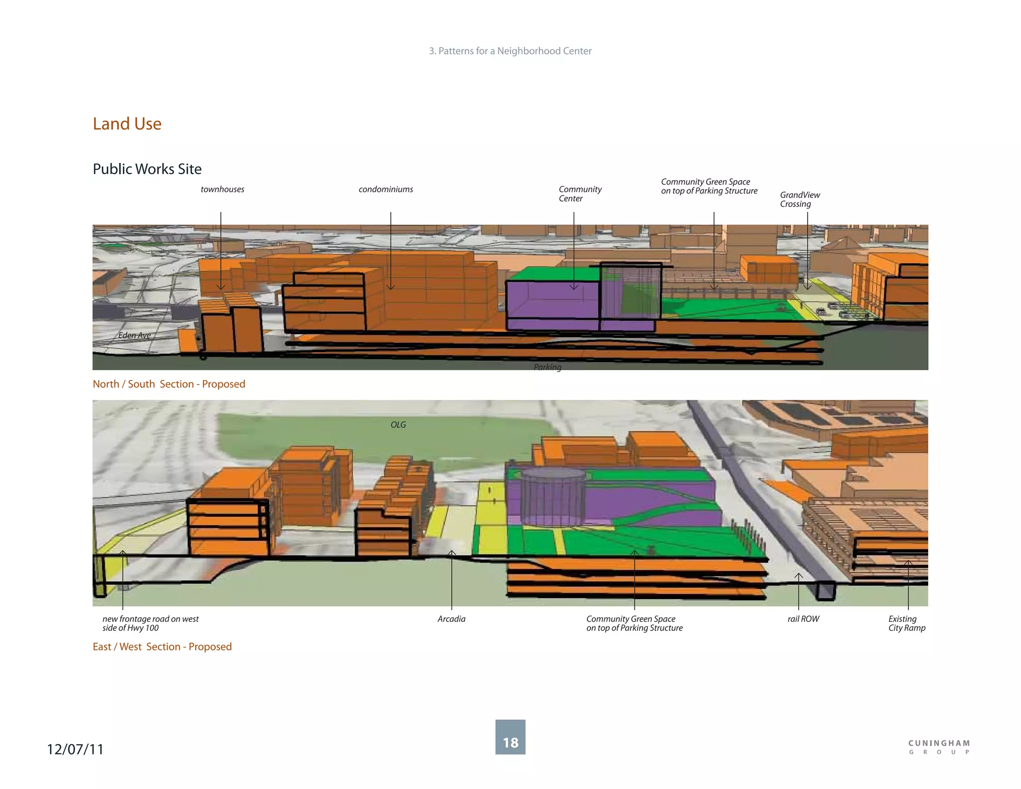 3. Patterns for a Neighborhood Center




      Land Use

      Public Works Site
                                                                                                                       Community Green Space
                                    townhouses   condominiums                                Community                 on top of Parking Structure
                                                                                             Center                                                  GrandView
                                                                                                                                                     Crossing




            Eden Ave


                                                                                       Parking
      North / South Section - Proposed


                                                        OLG




        new frontage road on west                                Arcadia                           Community Green Space                              rail ROW   Existing
        side of Hwy 100                                                                            on top of Parking Structure                                   City Ramp

      East / West Section - Proposed




12/07/11                                                                        18
 