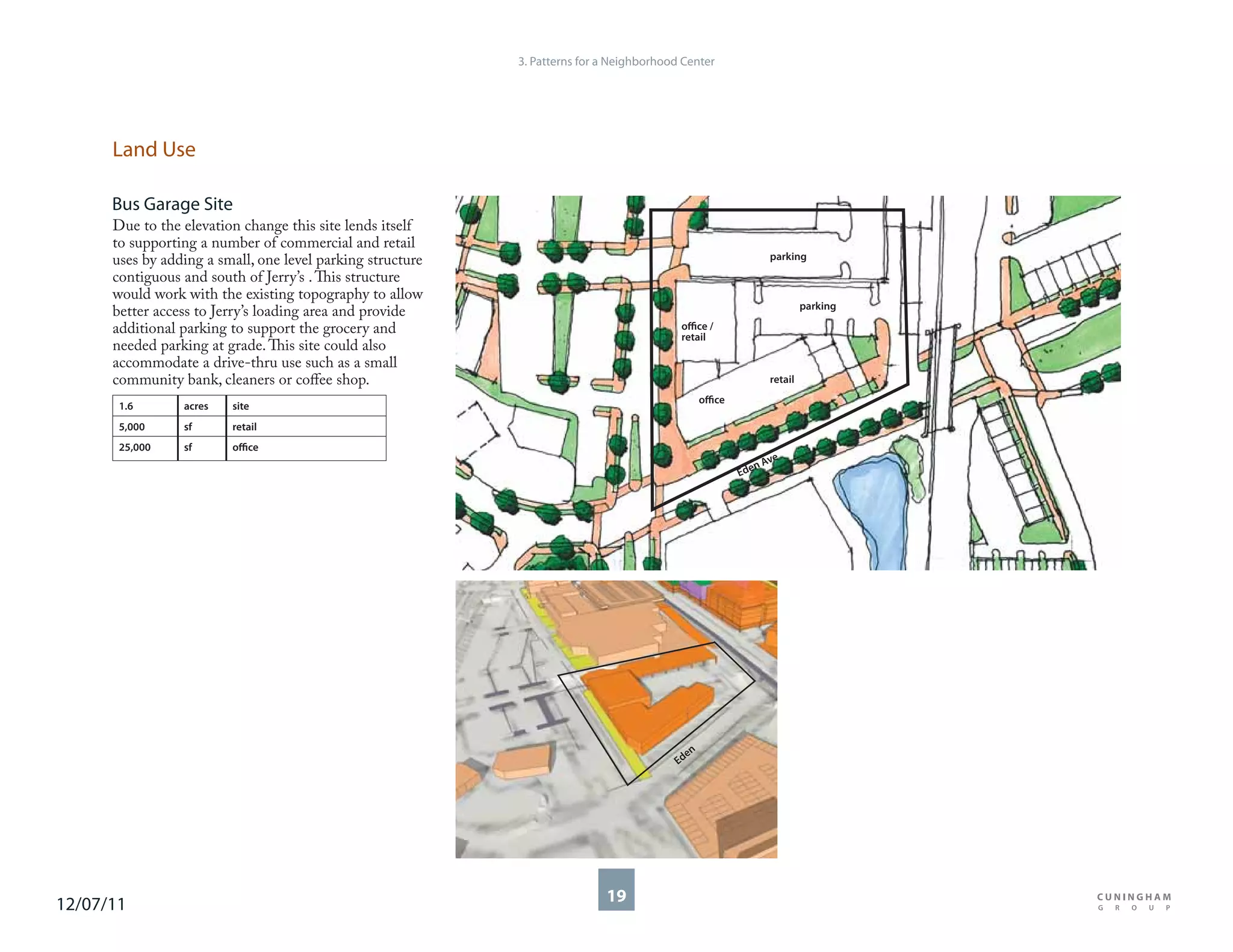 3. Patterns for a Neighborhood Center




      Land Use

      Bus Garage Site
      Due to the elevation change this site lends itself
      to supporting a number of commercial and retail
      uses by adding a small, one level parking structure                                                      parking
      contiguous and south of Jerry’s . This structure
      would work with the existing topography to allow
                                                                                                                        parking
      better access to Jerry’s loading area and provide
      additional parking to support the grocery and                                       office /
                                                                                          retail
      needed parking at grade. This site could also
      accommodate a drive-thru use such as a small
      community bank, cleaners or coffee shop.                                                                 retail
                                                                                                 office
       1.6       acres   site
       5,000     sf      retail
       25,000    sf      office
                                                                                                               ve
                                                                                                             nA
                                                                                                          Ede




                                                                                            en
                                                                                          Ed




12/07/11                                                                    19
 