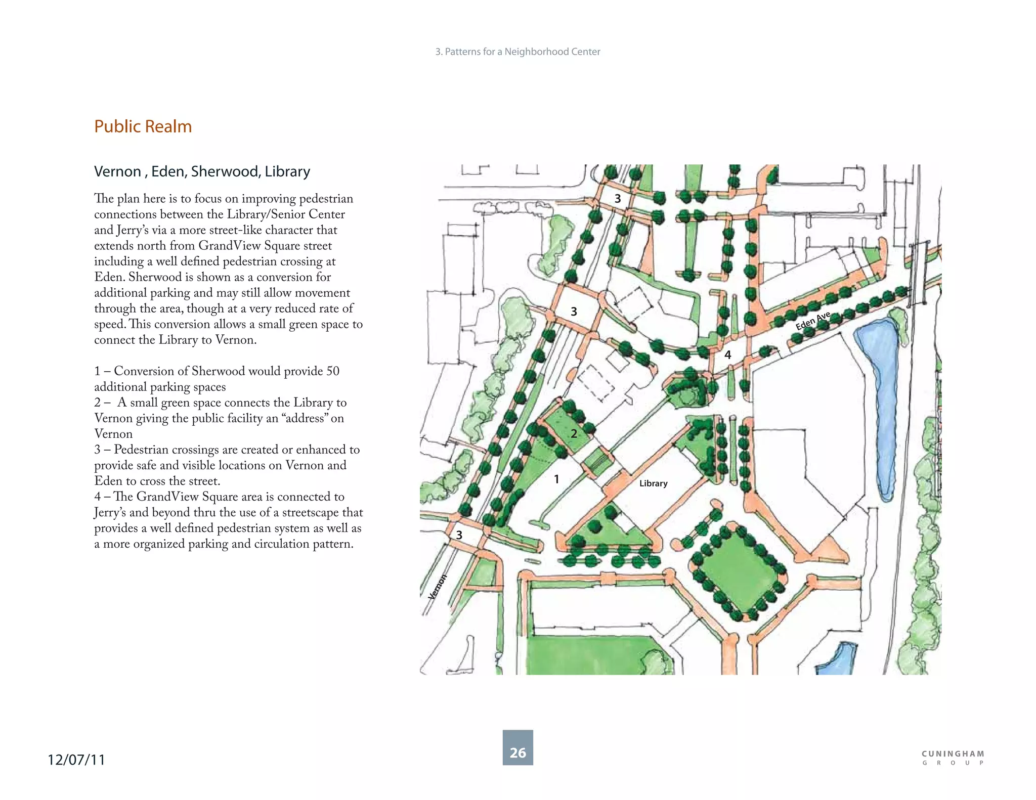3. Patterns for a Neighborhood Center




      Public Realm

      Vernon , Eden, Sherwood, Library
      The plan here is to focus on improving pedestrian                                                 3
      connections between the Library/Senior Center
      and Jerry’s via a more street-like character that
      extends north from GrandView Square street
      including a well defined pedestrian crossing at
      Eden. Sherwood is shown as a conversion for
      additional parking and may still allow movement
      through the area, though at a very reduced rate of                                      3                                ve
      speed. This conversion allows a small green space to                                                                   nA
                                                                                                                          Ede
      connect the Library to Vernon.
                                                                                                                      4
      1 – Conversion of Sherwood would provide 50
      additional parking spaces
      2 – A small green space connects the Library to
      Vernon giving the public facility an “address” on
      Vernon                                                                                  2
      3 – Pedestrian crossings are created or enhanced to
      provide safe and visible locations on Vernon and
      Eden to cross the street.                                                           1                 Library
      4 – The GrandView Square area is connected to
      Jerry’s and beyond thru the use of a streetscape that
      provides a well defined pedestrian system as well as
                                                                      3
      a more organized parking and circulation pattern.
                                                                 on
                                                                 rn
                                                              Ve




12/07/11                                                                        26
 