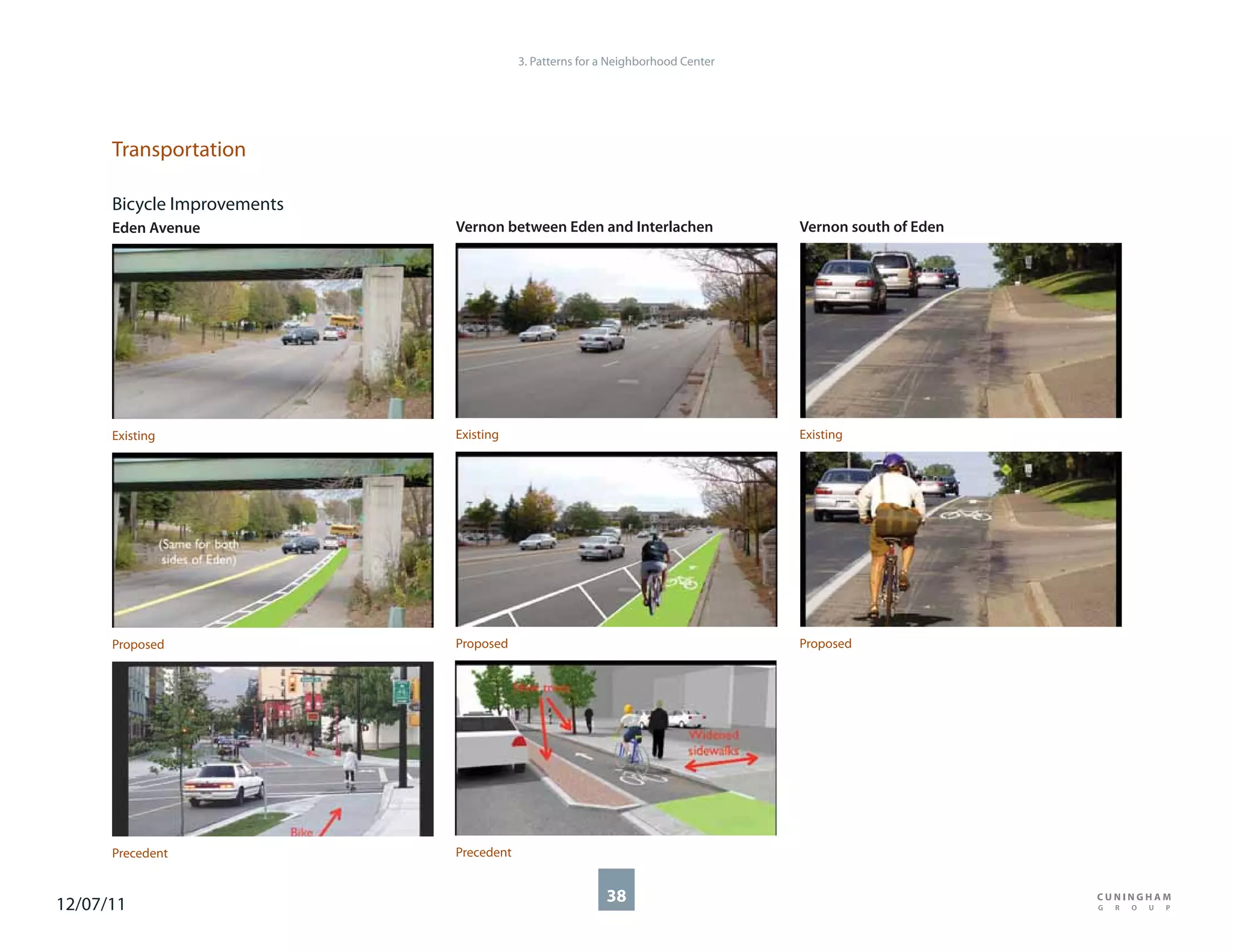 3. Patterns for a Neighborhood Center




      Transportation

      Bicycle Improvements
      Eden Avenue            Vernon between Eden and Interlachen                 Vernon south of Eden




      Existing               Existing                                            Existing




      Proposed               Proposed                                            Proposed




      Precedent              Precedent



12/07/11                                                 38
 