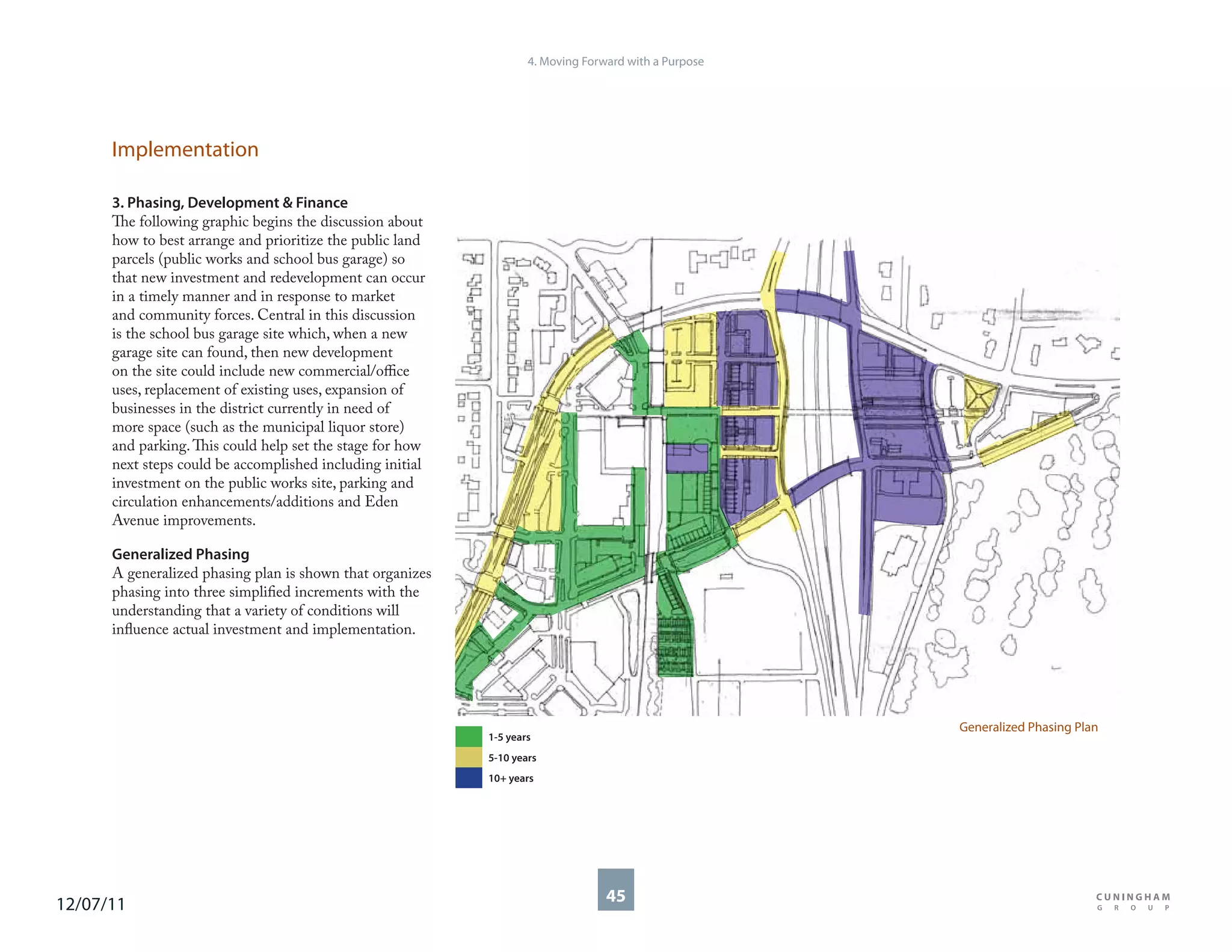 4. Moving Forward with a Purpose




      Implementation

      3. Phasing, Development & Finance
      The following graphic begins the discussion about
      how to best arrange and prioritize the public land
      parcels (public works and school bus garage) so
      that new investment and redevelopment can occur
      in a timely manner and in response to market
      and community forces. Central in this discussion
      is the school bus garage site which, when a new
      garage site can found, then new development
      on the site could include new commercial/office
      uses, replacement of existing uses, expansion of
      businesses in the district currently in need of
      more space (such as the municipal liquor store)
      and parking. This could help set the stage for how
      next steps could be accomplished including initial
      investment on the public works site, parking and
      circulation enhancements/additions and Eden
      Avenue improvements.

      Generalized Phasing
      A generalized phasing plan is shown that organizes
      phasing into three simplified increments with the
      understanding that a variety of conditions will
      influence actual investment and implementation.




                                                                                                      Generalized Phasing Plan
                                                           1-5 years
                                                           5-10 years
                                                           10+ years




12/07/11                                                                         45
 