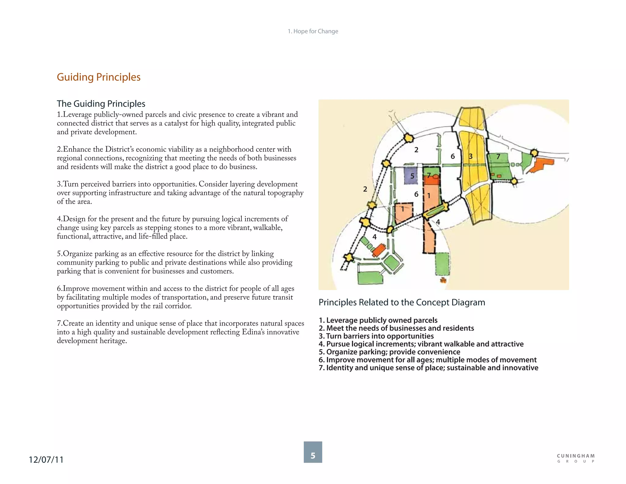 1. Hope for Change




      Guiding Principles

      The Guiding Principles
      1.Leverage publicly-owned parcels and civic presence to create a vibrant and
      connected district that serves as a catalyst for high quality, integrated public
      and private development.

      2.Enhance the District’s economic viability as a neighborhood center with                                           2
      regional connections, recognizing that meeting the needs of both businesses                                                     6   3       7
      and residents will make the district a good place to do business.
                                                                                                                          5   7
      3.Turn perceived barriers into opportunities. Consider layering development
      over supporting infrastructure and taking advantage of the natural topography                        2
                                                                                                                          6   1
      of the area.
                                                                                                                      1
      4.Design for the present and the future by pursuing logical increments of                                                   4
      change using key parcels as stepping stones to a more vibrant, walkable,
      functional, attractive, and life-filled place.                                                           4

      5.Organize parking as an effective resource for the district by linking
      community parking to public and private destinations while also providing
      parking that is convenient for businesses and customers.

      6.Improve movement within and access to the district for people of all ages
      by facilitating multiple modes of transportation, and preserve future transit
      opportunities provided by the rail corridor.                                            Principles Related to the Concept Diagram

      7.Create an identity and unique sense of place that incorporates natural spaces         1. Leverage publicly owned parcels
      into a high quality and sustainable development reflecting Edina’s innovative           2. Meet the needs of businesses and residents
                                                                                              3. Turn barriers into opportunities
      development heritage.                                                                   4. Pursue logical increments; vibrant walkable and attractive
                                                                                              5. Organize parking; provide convenience
                                                                                              6. Improve movement for all ages; multiple modes of movement
                                                                                              7. Identity and unique sense of place; sustainable and innovative




12/07/11                                                                                  5
 