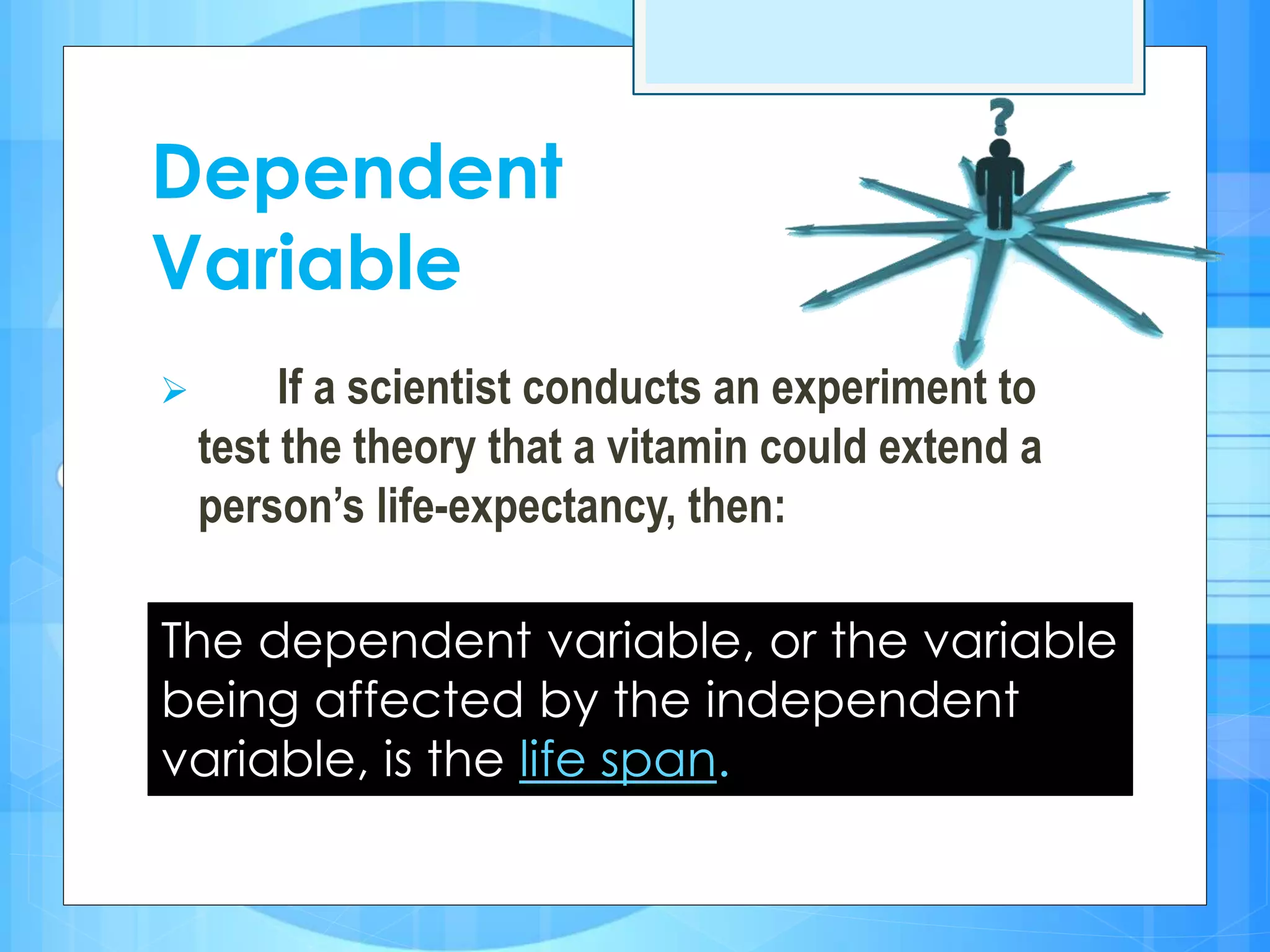  If a scientist conducts an experiment to
test the theory that a vitamin could extend a
person’s life-expectancy, then:
Dependent
Variable
The dependent variable, or the variable
being affected by the independent
variable, is the life span.
 