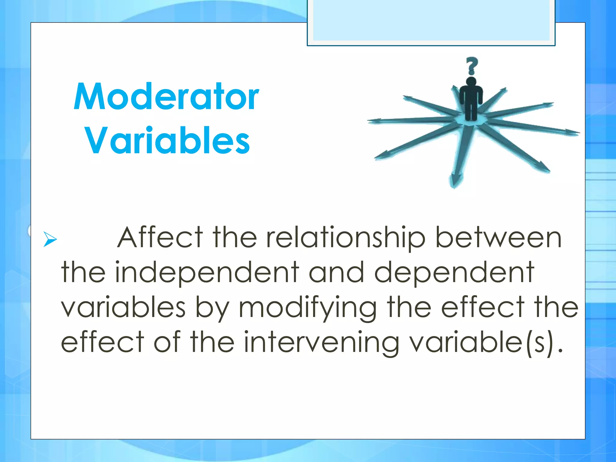 Moderator
Variables
 Affect the relationship between
the independent and dependent
variables by modifying the effect the
effect of the intervening variable(s).
 
