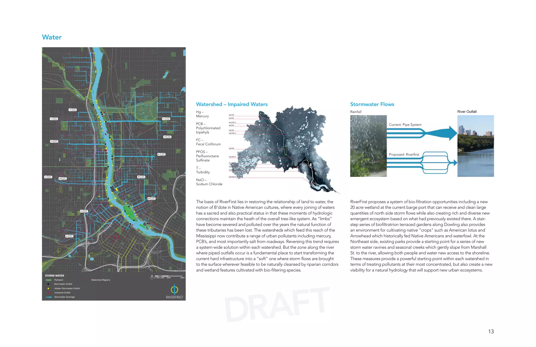 Water




                                                                                                         Watershed – Impaired Waters                                                        Stormwater Flows
                           8
                                                                                                         Hg –                                                                               Rainfall                                                  River Outfall
                                                                                                         Mercury
     17                                                                           12

                                                                                                         PCB –                                                                                                   Current: Pipe System
                                                                                                         Polychlorinated
                                                                                                         bipehyls
                                                                                    19

     22                                                                                                  FC –
                                                                                                         Fecal Coliforum

                                                                                                         PFOS –
                                                                             41
                                                                                                         Perfluoroctane                                                                                          Proposed: Riverfirst
                                                                                                         Sulfinate

                                                                                                         T–
                                                                                                         Turbidity
31                                                             96
               29
                                                                                                         NaCl –
                                                                                                         Sodium Chloride



                                                                    84
                                                                                                         The basis of RiverFirst lies in restoring the relationship of land to water, the   RiverFirst proposes a system of bio-filtration opportunities including a new
                                                                                                         notion of B’dote in Native American cultures, where every joining of waters        20 acre wetland at the current barge port that can receive and clean large
                                      53
                                                                                                         has a sacred and also practical status in that these moments of hydrologic         quantities of north side storm flows while also creating rich and diverse new
                                                                                                         connections maintain the heath of the overall tree-like system. As ”limbs”         emergent ecosystem based on what had previously existed there. A stair-
                                                                                                         have become severed and polluted over the years the natural function of            step series of biofiltratrion terraced gardens along Dowling also provides
                                                                                                         these tributaries has been lost. The watersheds which feed this reach of the       an environment for cultivating native “crops” such as American lotus and
                      67                                                                                 Mississippi now contribute a range of urban pollutants including mercury,          Arrowhead which historically fed Native Americans and waterfowl. At the
                                                                                                         PCB’s, and most importantly salt from roadways. Reversing this trend requires      Northeast side, existing parks provide a starting point for a series of new
                                                                                                         a system-wide solution within each watershed. But the zone along the river         storm water ravines and seasonal creeks which gently slope from Marshall
                                                                                                         where piped outfalls occur is a fundamental place to start transforming the        St. to the river, allowing both people and water new access to the shoreline.
                                                                                                         current hard infrastructure into a “soft” one where storm flows are brought        These measures provide a powerful starting point within each watershed in
                                                                                                         to the surface wherever feasible to be naturally cleansed by riparian corridors    terms of treating pollutants at their most concentrated, but also create a new
                                                                                                         and wetland features cultivated with bio-filtering species.                        visibility for a natural hydrology that will support new urban ecosystems.
STORM WATER
                                                                         0 500’ 1000’    2000’   4000’
          Parkland                         Watershed Regions




                                                                                                                             AFT
          Stormwater Outfall
          Hidden Stormwater Outfall




                                                                                                                           DR
          Industrial Outfall
          Stormwater Drainage




                                                                                                                                                                                                                                                                       13
 